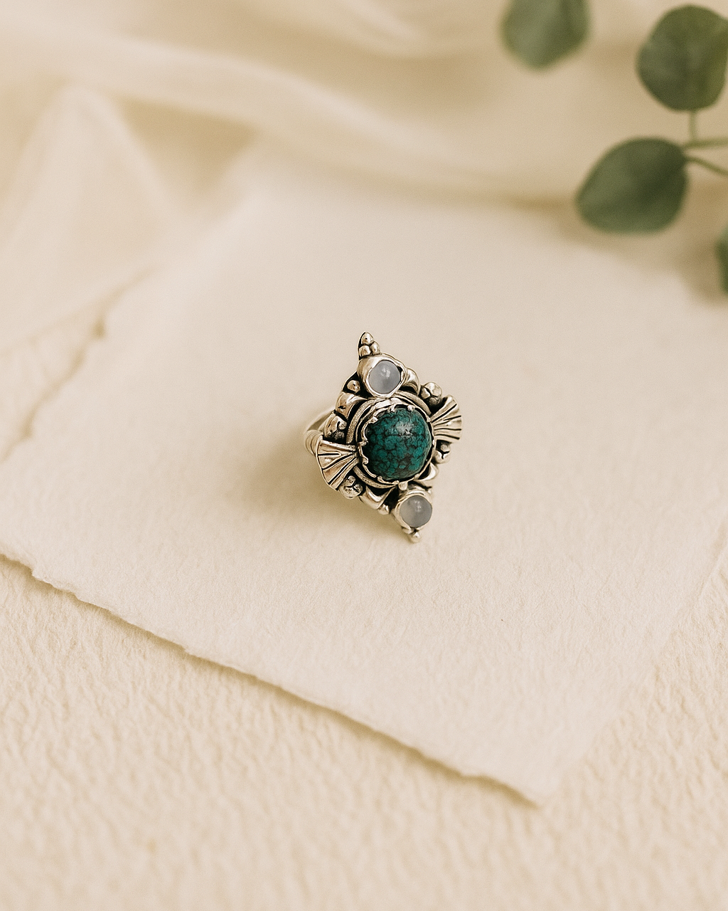 Tibetian Turquoise & Rainbow Moonstones Gemstone Sterling Silver Ring