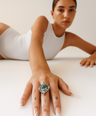 Tibetian Turquoise & Rainbow Moonstones Gemstone Sterling Silver Ring