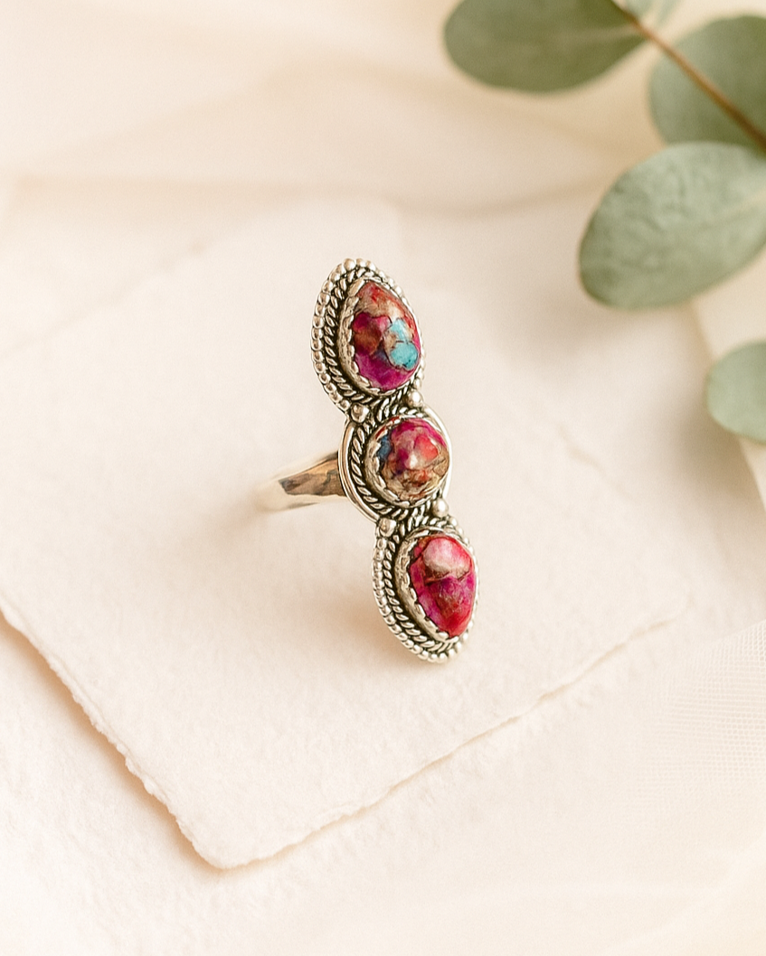 Pink Dahlia Turquoise Gemstone Sterling Silver Ring