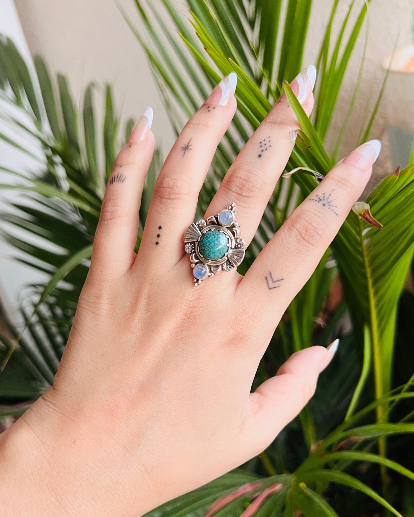 Tibetian Turquoise & Rainbow Moonstones Gemstone Sterling Silver Ring