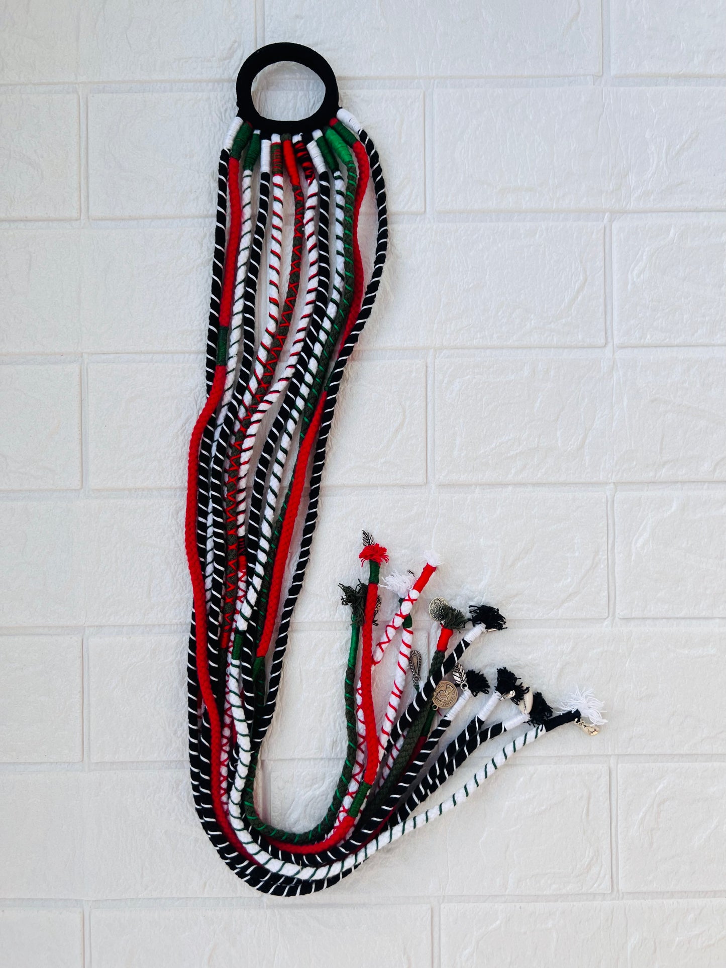 White green red hair strings