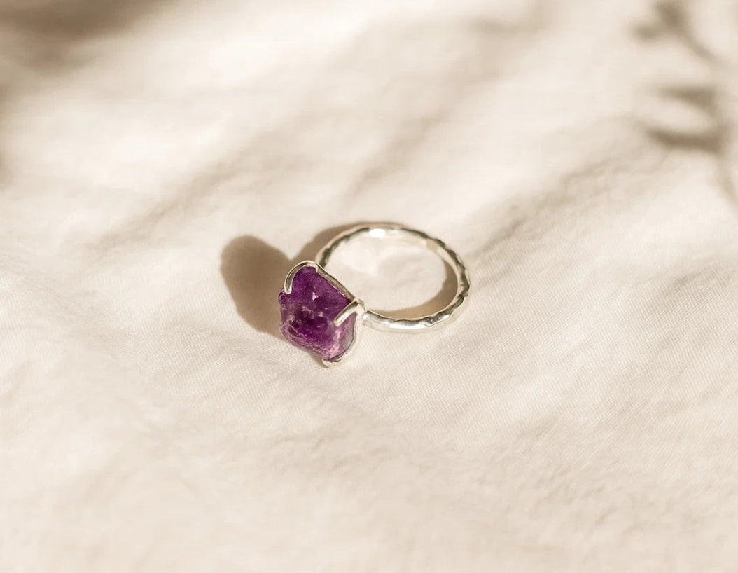 Raw Amethyst Gemstone Sterling Silver Ring